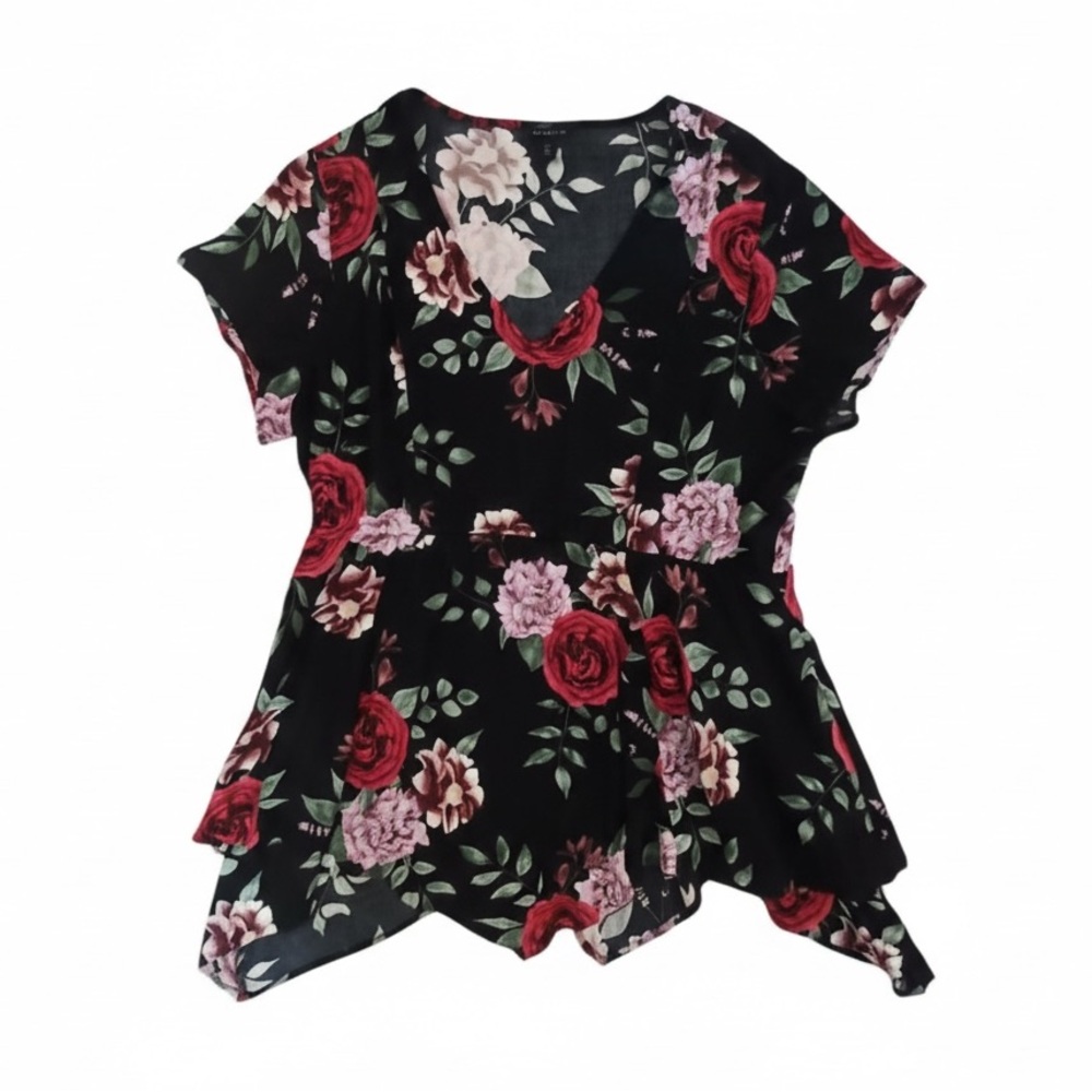 torrid Babydoll Stretch Challis Hanky Hem Top Floral Black Red Pink Size 00, M/L